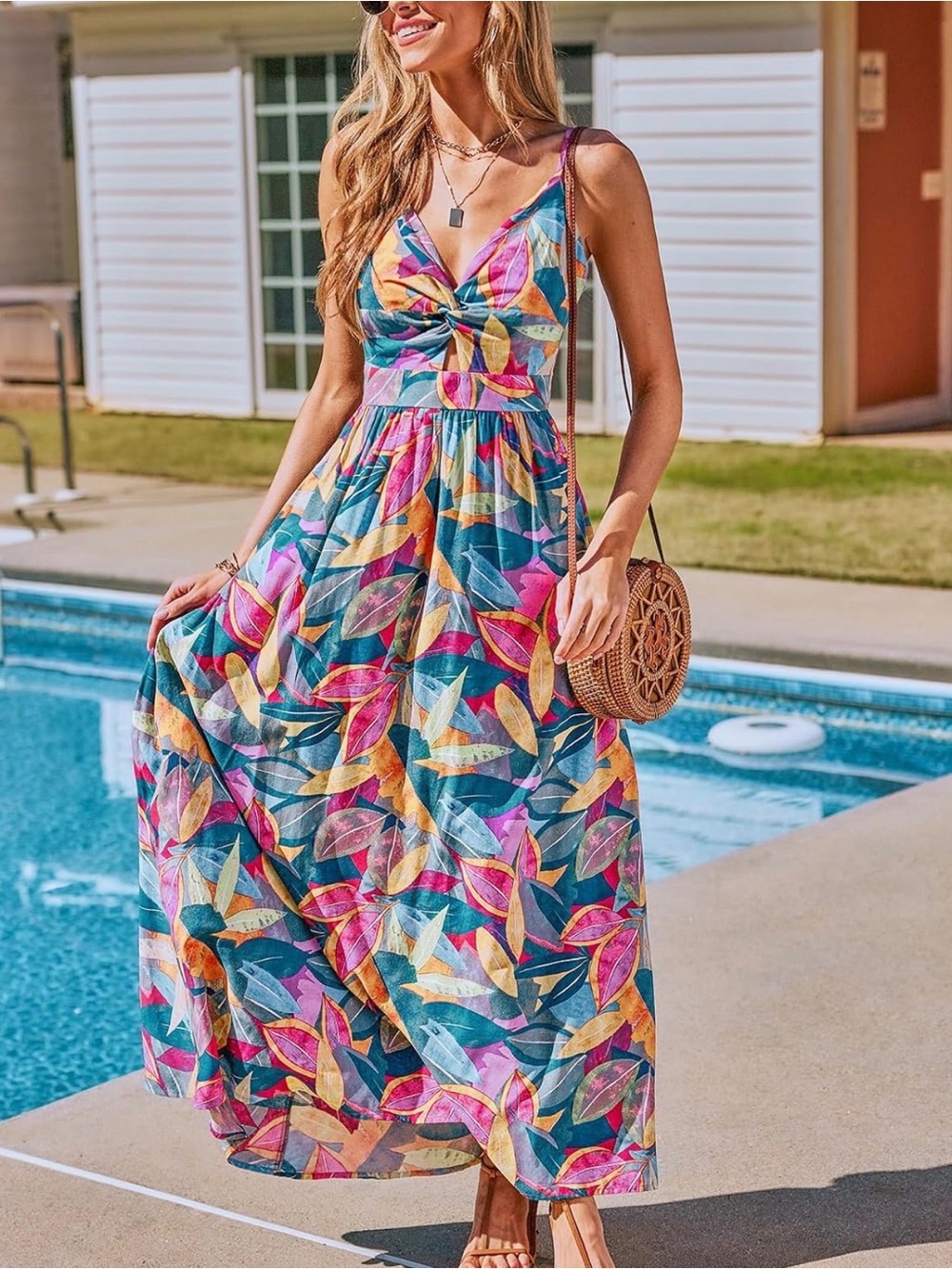 Cupshe Teal Multicolor Leaf-Print Maxi Dress
